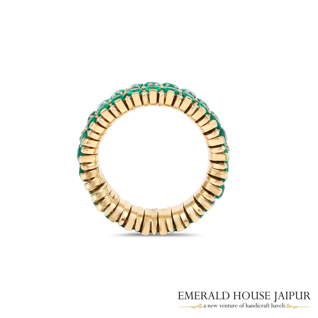 Round-Cut Emerald & Round Brilliant-Cut Diamond Double-Row Band Ring in 18K Yellow Gold