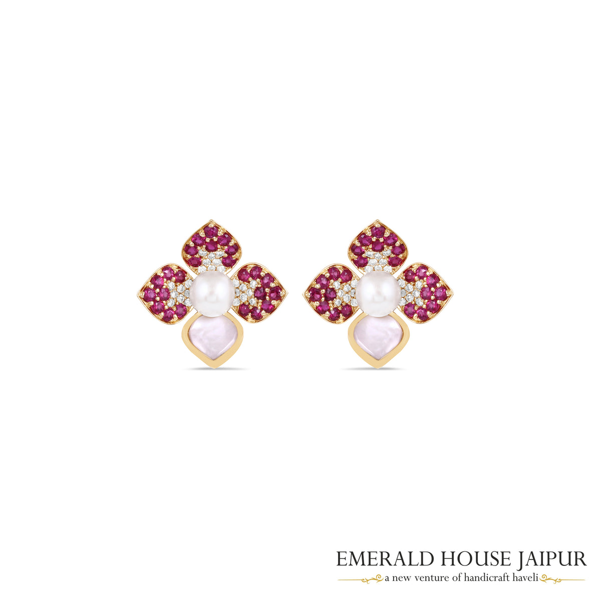 Pearl-Centred Ruby Floral Earrings with Mother-of-Pearl Teardrop Motifs in 18K Yellow Gold