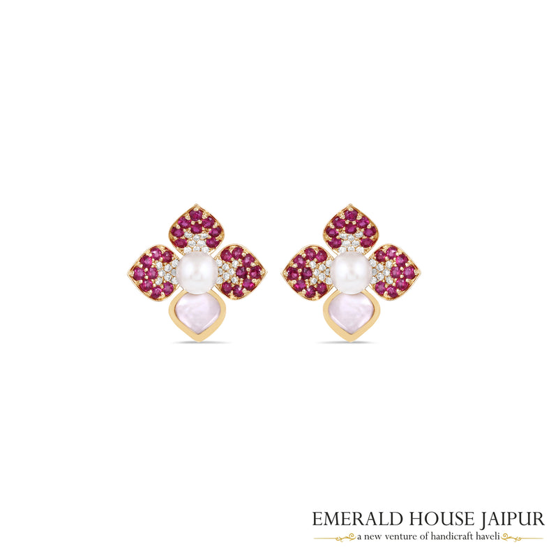 Pearl-Centred Ruby Floral Earrings with Mother-of-Pearl Teardrop Motifs in 18K Yellow Gold