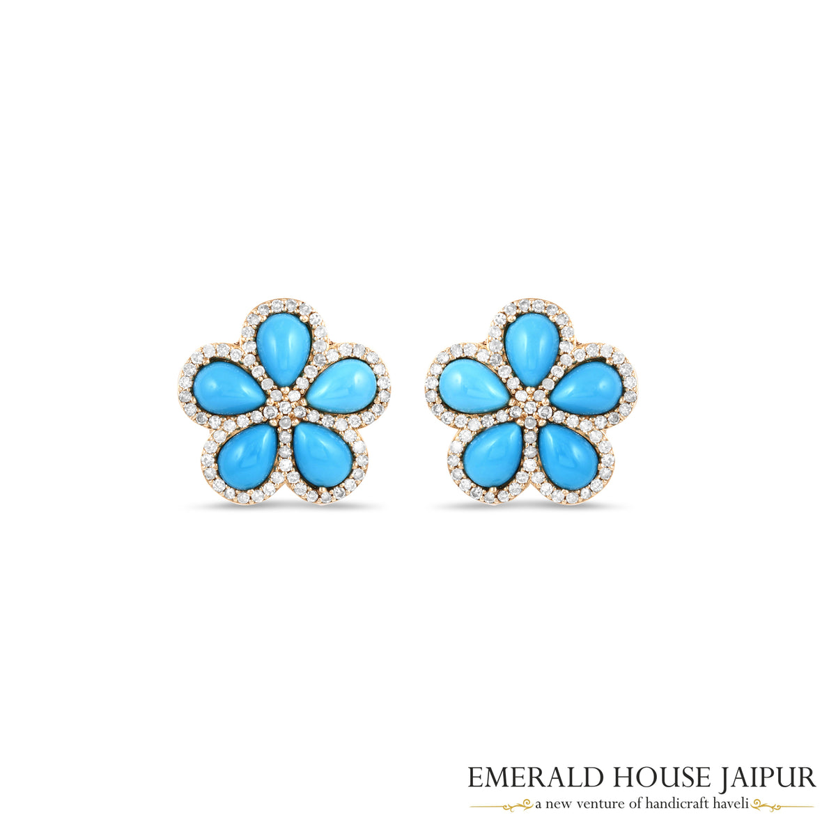 Pear-Cut Turquoise Floral Stud Earrings with Round Brilliant-Cut Diamond Halos in 14K Yellow Gold