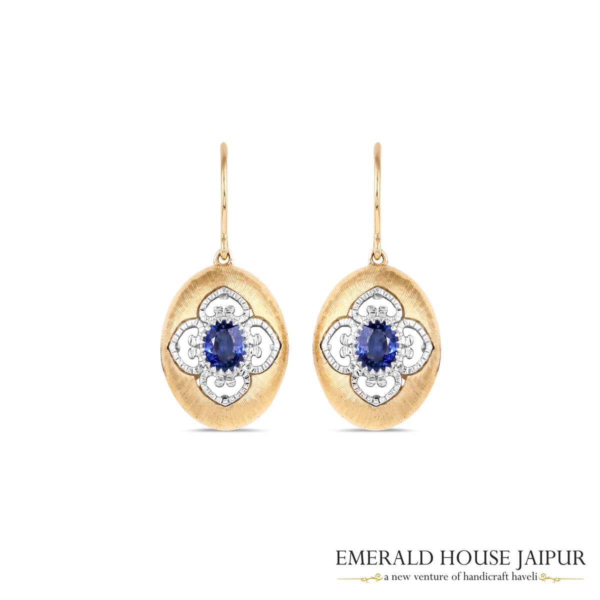 Oval-Cut Blue Sapphire Filigree Drop Earrings in 18K Yellow & White Gold