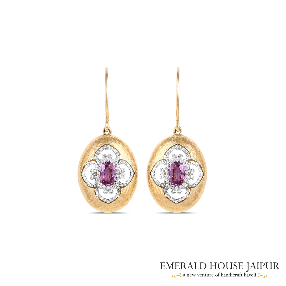 Oval-Cut Pink Sapphire Filigree Drop Earrings in 18K Yellow & White Gold