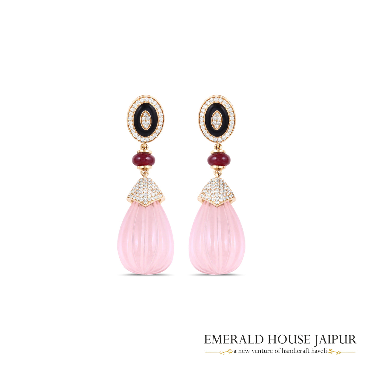 Rose Quartz Drop Earrings with Black Onyx, Ruby & Diamond Accents in 18K Rose Gold