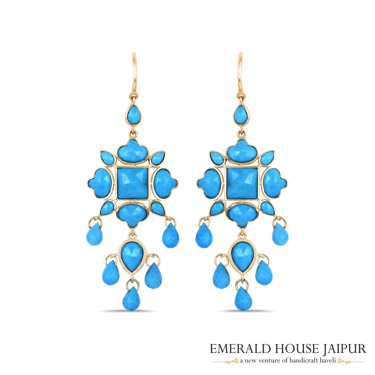 Faceted Turquoise Geometric Chandelier Earrings in 18K Yellow Gold