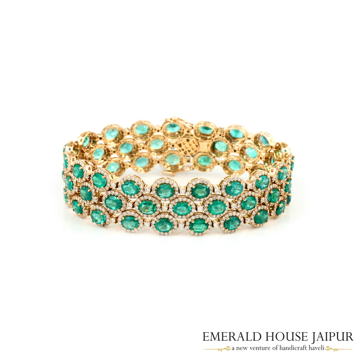 Oval-Cut Emerald & Diamond Triple-Row Bracelet in 18K Yellow Gold