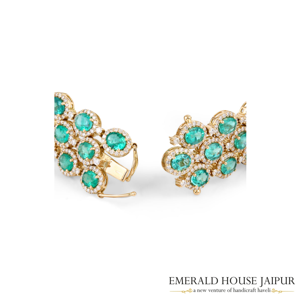 Oval-Cut Emerald & Diamond Triple-Row Bracelet in 18K Yellow Gold