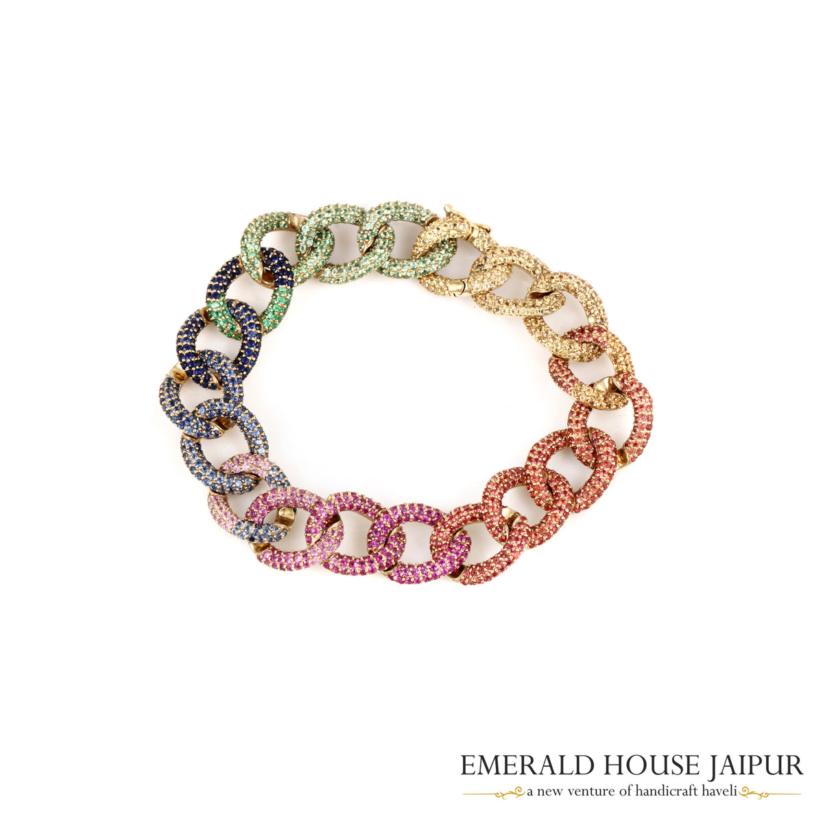 Multicolour Sapphire & Tsavorite Link Bracelet in 18K Yellow Gold