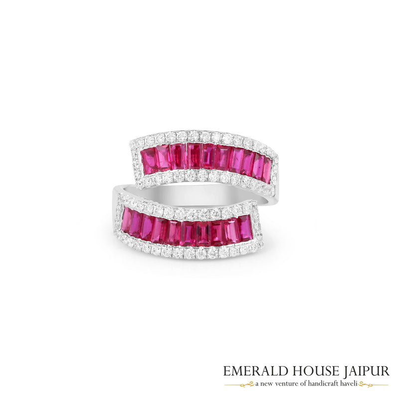 Baguette-Cut Mozambique Ruby Diamond Band in 18K White Gold