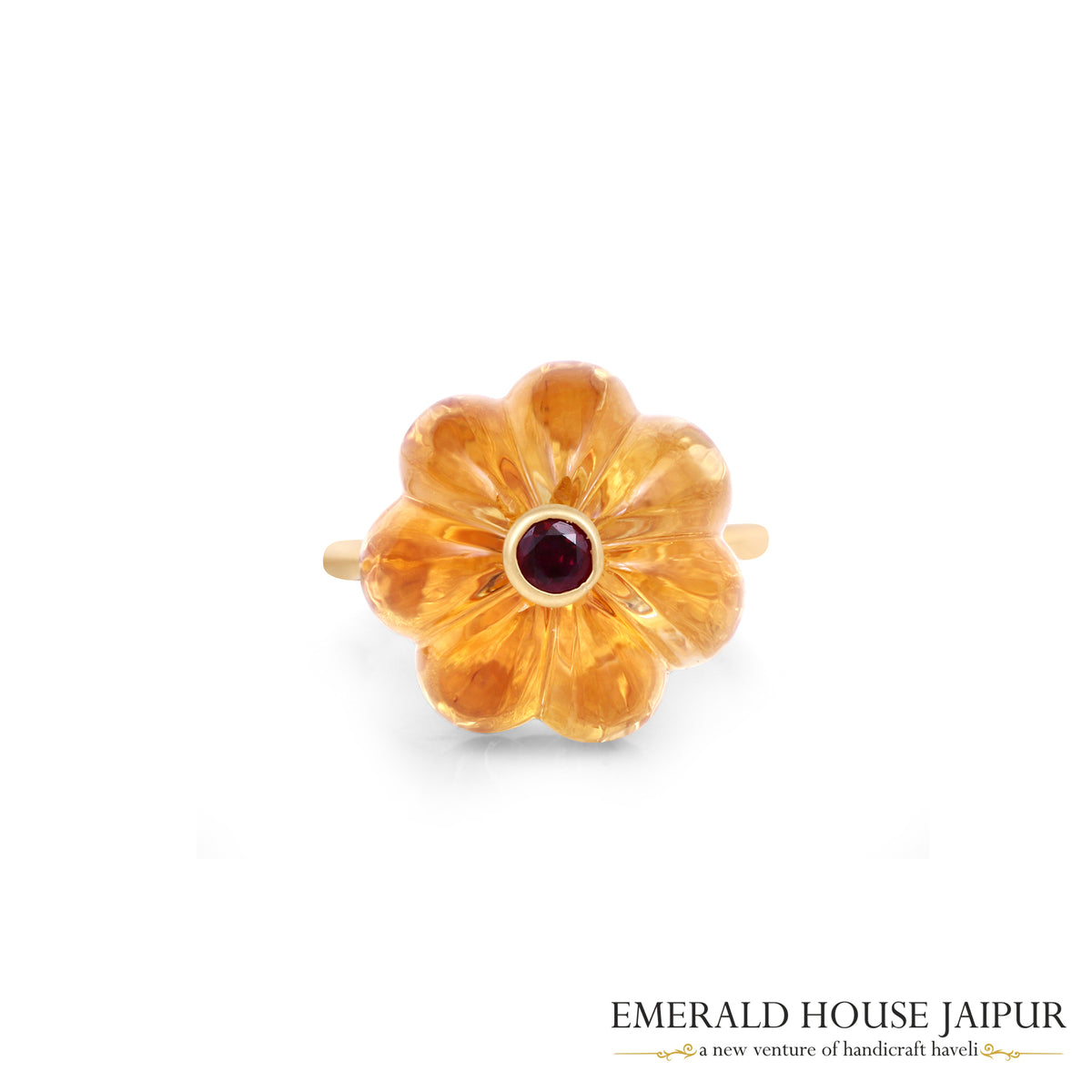 Russian Pumpkin Citrine & Thai Ruby Ring In 18K Matte Yellow Gold