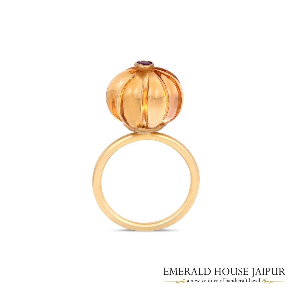Russian Pumpkin Citrine & Thai Ruby Ring In 18K Matte Yellow Gold