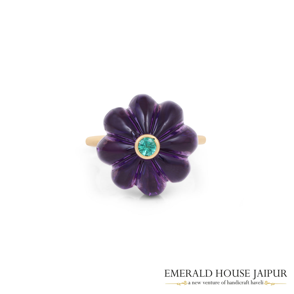 Russian Pumpkin Cut Amethyst & Zambian Round Emerald Ring In 18K Matte Yellow Gold