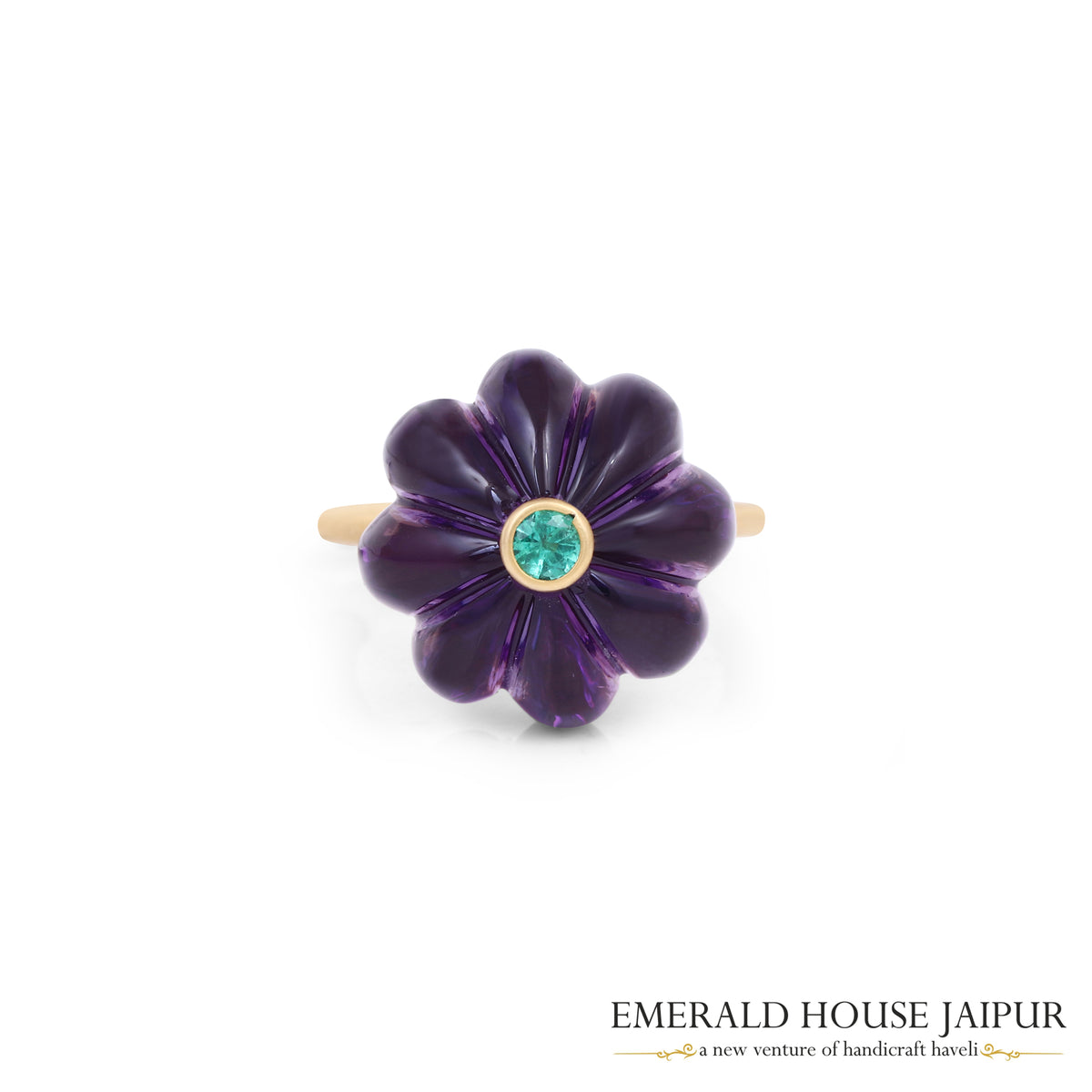 Russian Pumpkin Cut Amethyst & Zambian Round Emerald Ring In 18K Matte Yellow Gold