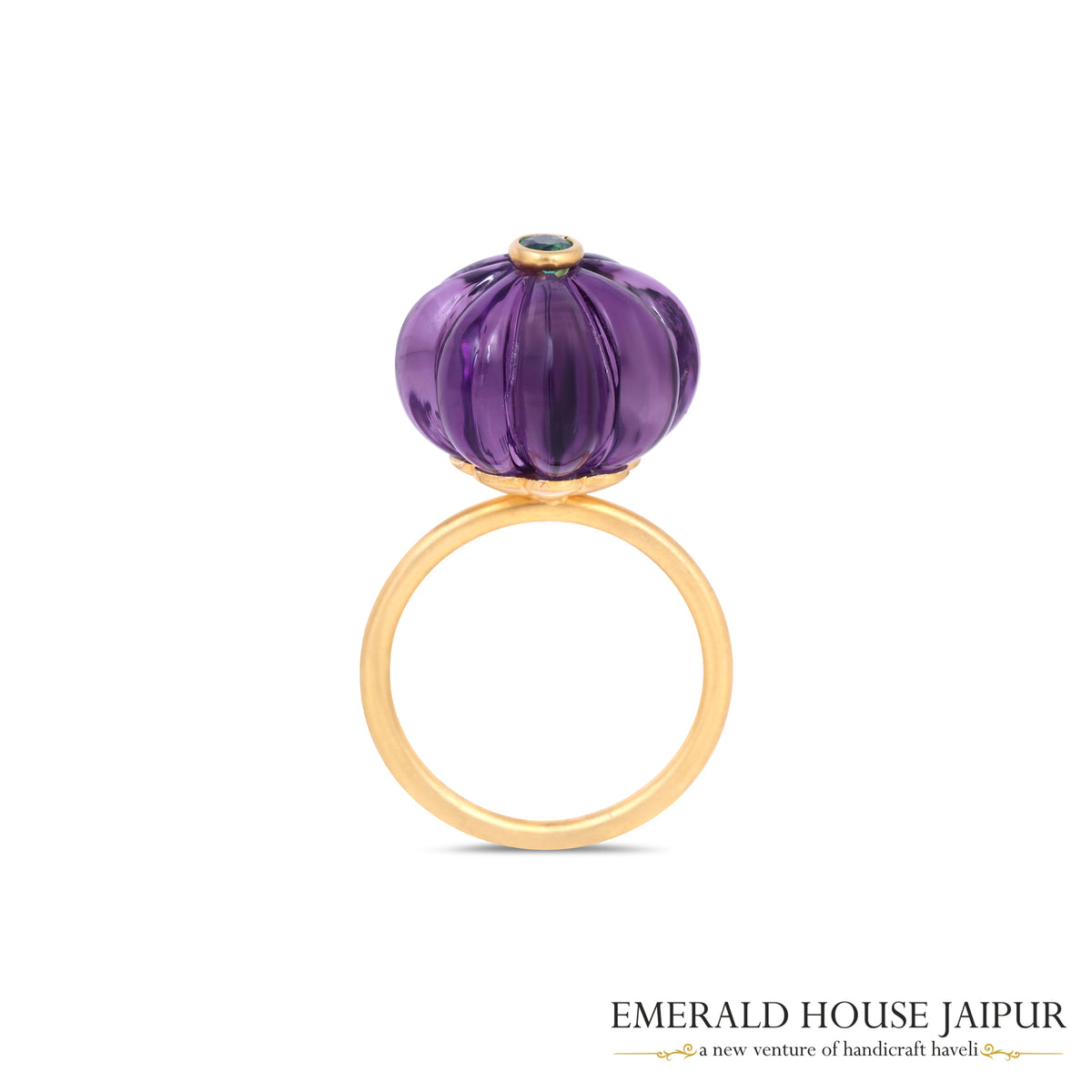 Russian Pumpkin Cut Amethyst & Zambian Round Emerald Ring In 18K Matte Yellow Gold