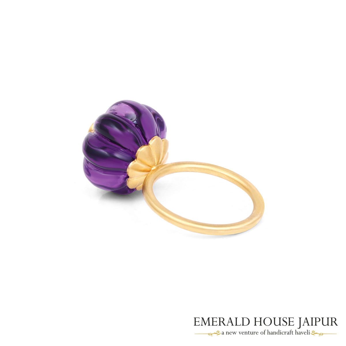 Russian Pumpkin Cut Amethyst & Zambian Round Emerald Ring In 18K Matte Yellow Gold
