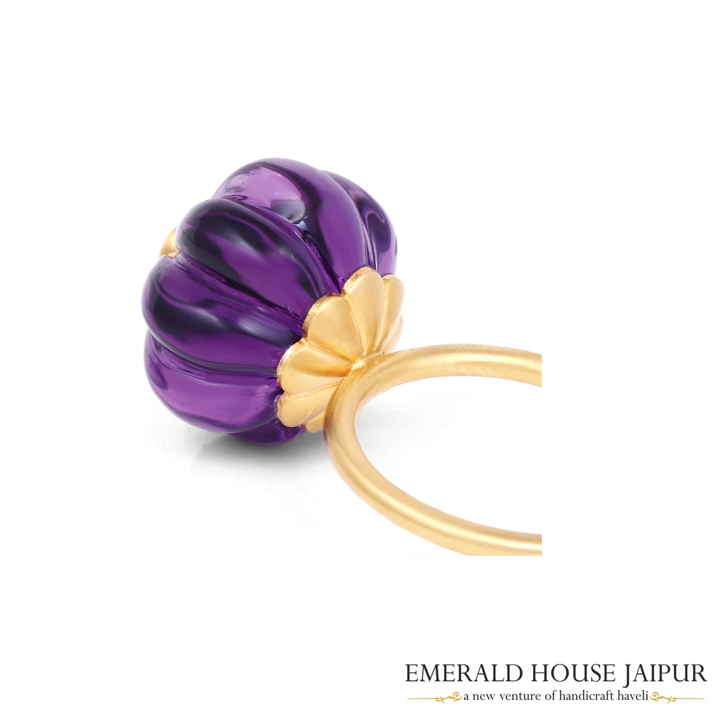 Russian Pumpkin Cut Amethyst & Zambian Round Emerald Ring In 18K Matte Yellow Gold