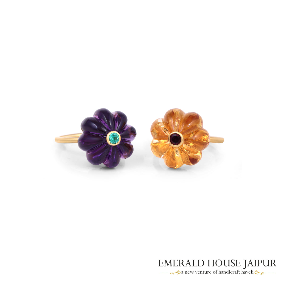 Russian Pumpkin Cut Amethyst & Zambian Round Emerald Ring In 18K Matte Yellow Gold