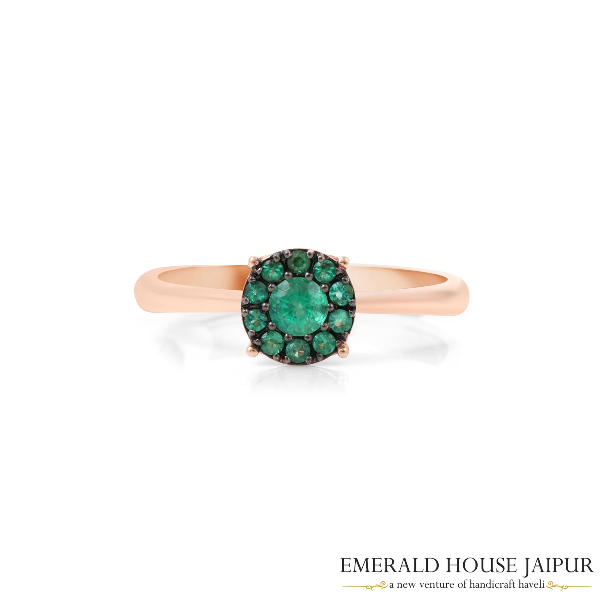 Zambian Round Emeralds Ring in 18K Rose Gold