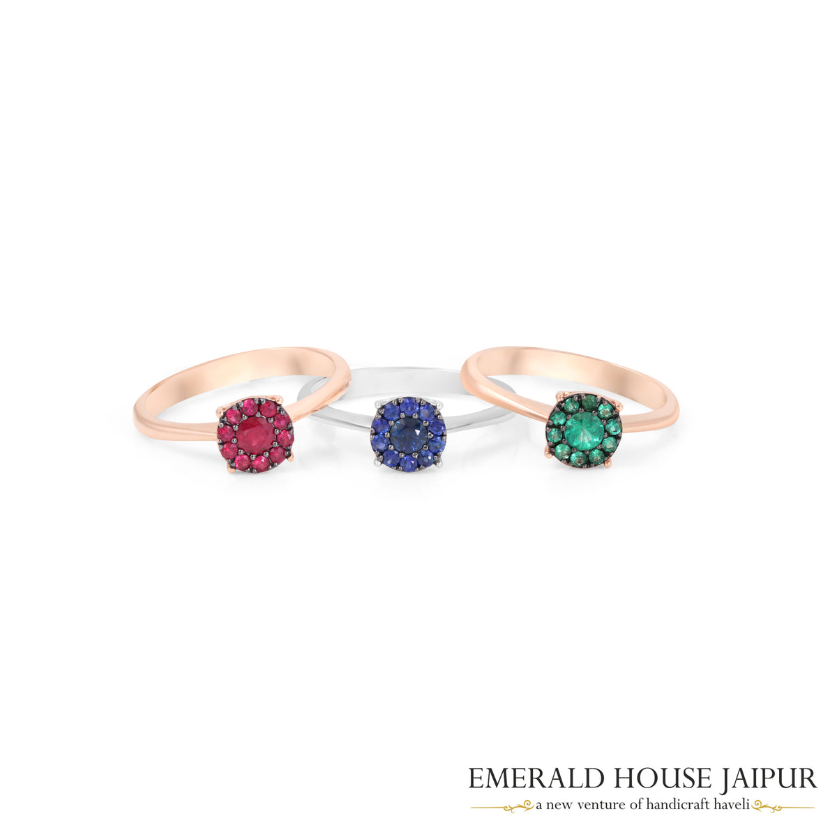 Zambian Round Emeralds Ring in 18K Rose Gold