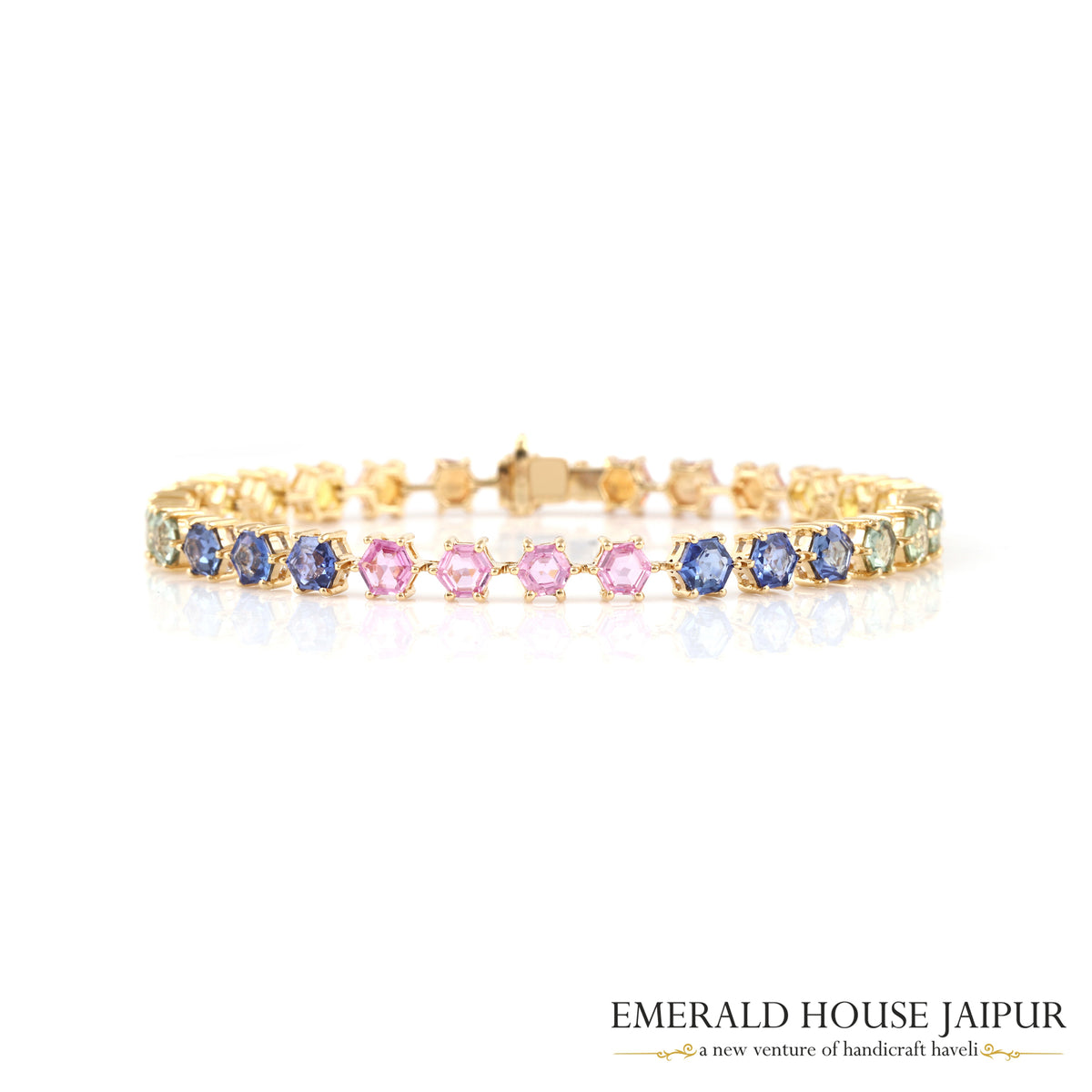 Hexagon Cut Rainbow Sapphire Bracelet in 18K Yellow Gold