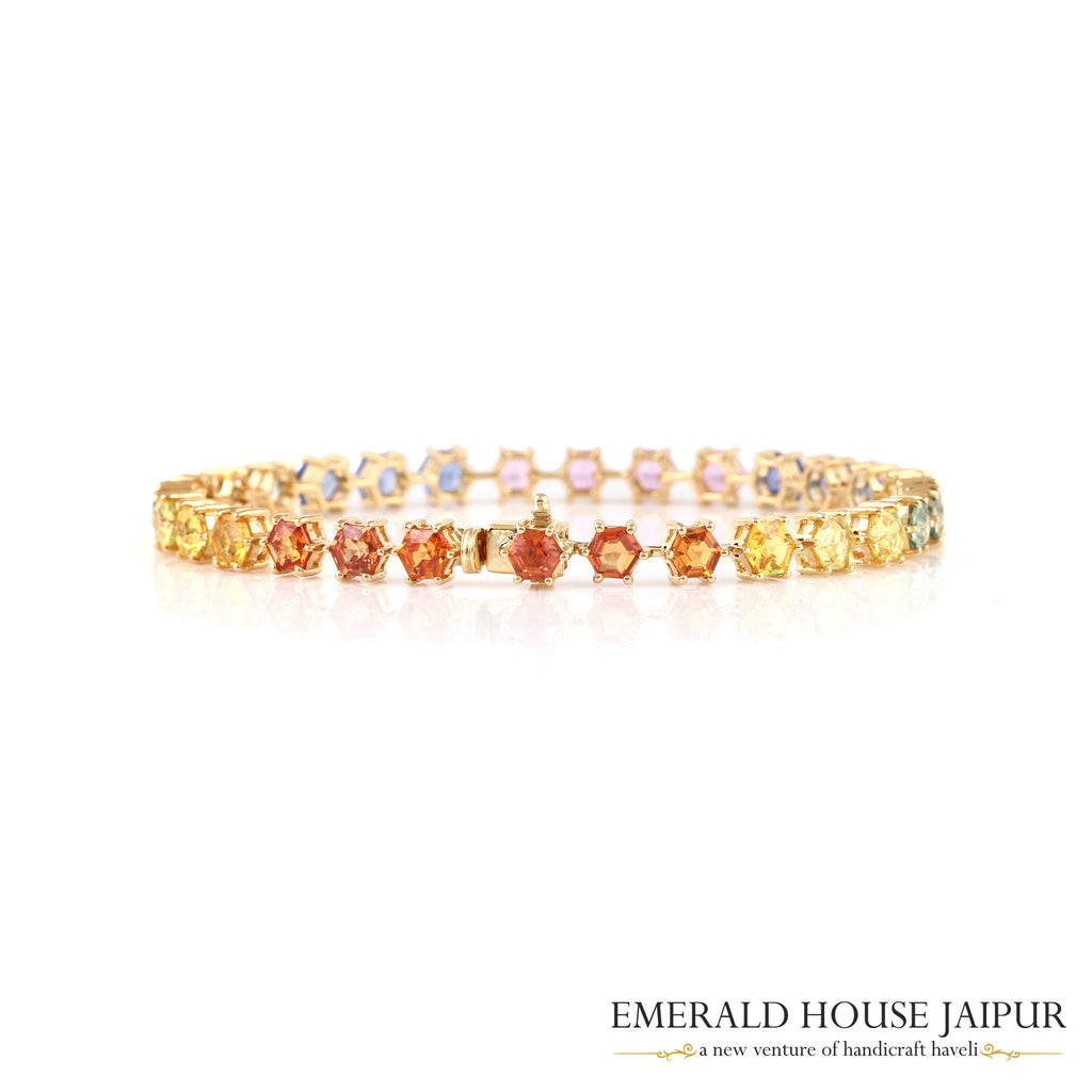 Hexagon Cut Rainbow Sapphire Bracelet in 18K Yellow Gold