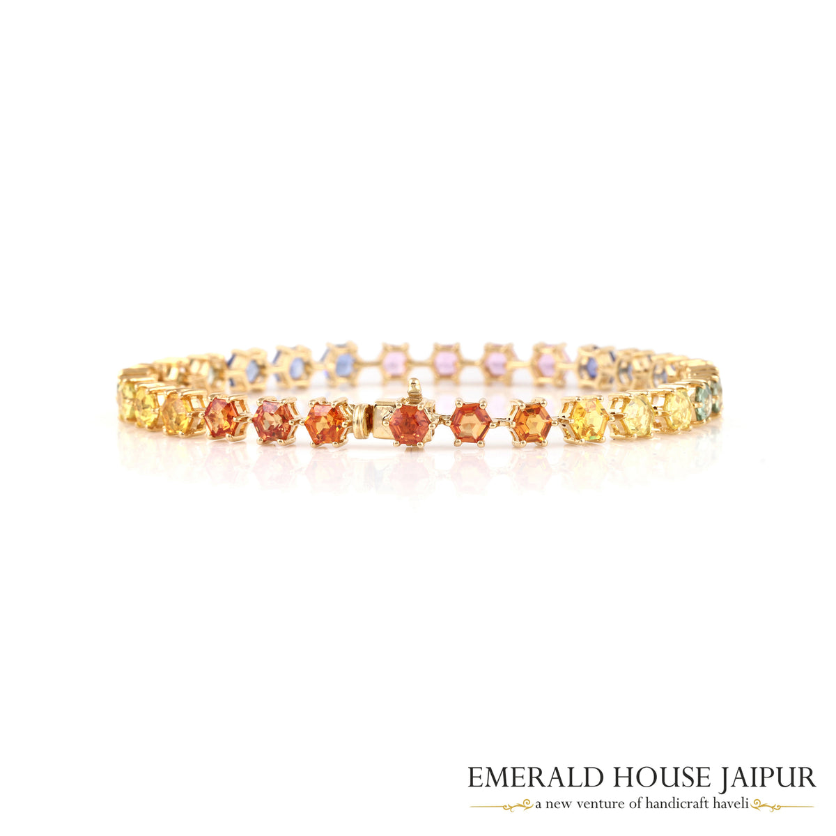 Hexagon Cut Rainbow Sapphire Bracelet in 18K Yellow Gold
