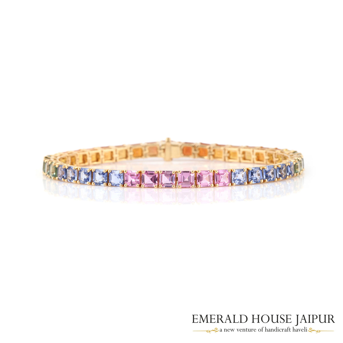 Rainbow Sapphire Princess Cut Bracelet in 18K Yellow Gold