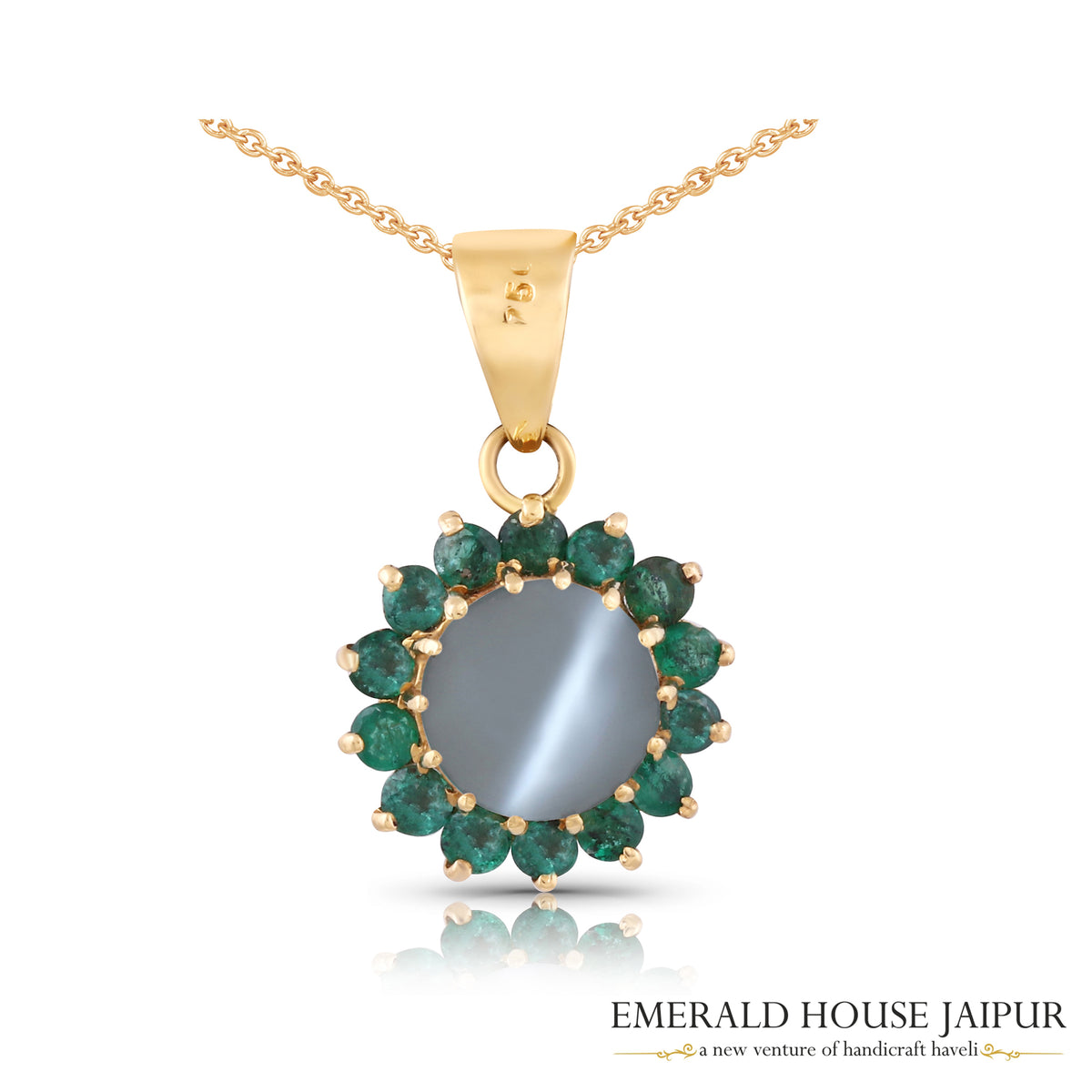 Grey Cats Eye and Emerald Halo Pendant in 18K Yellow Gold