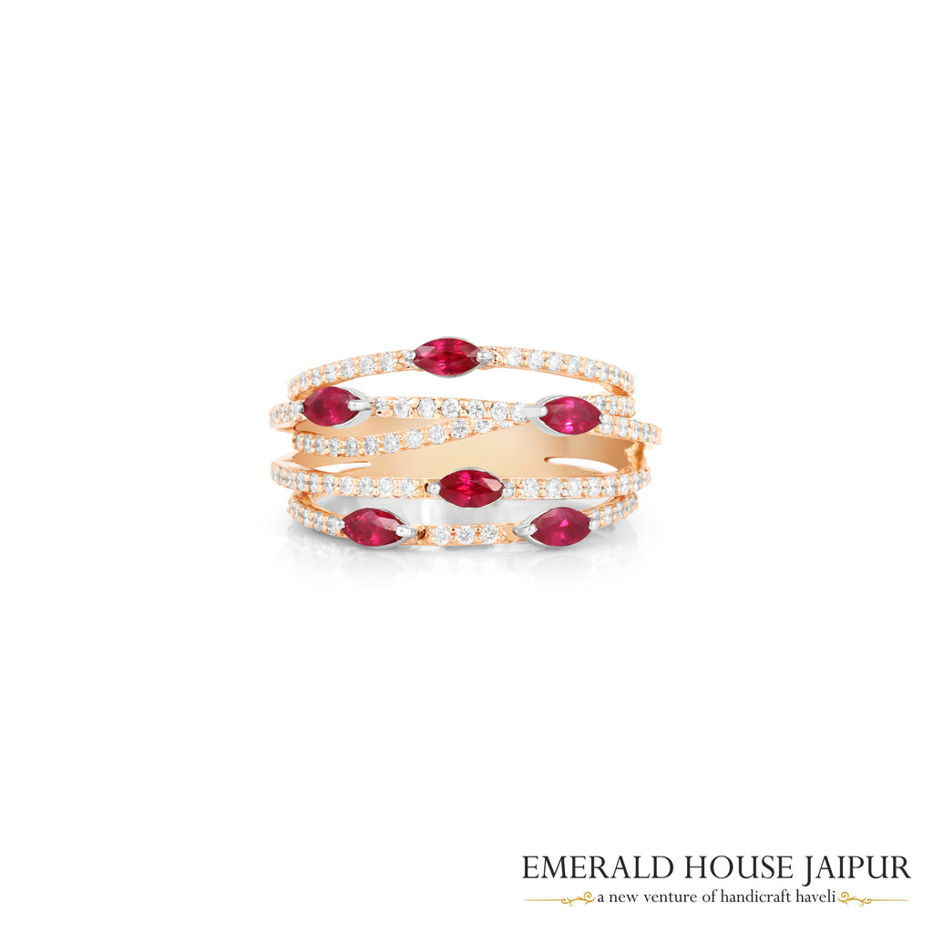 Marquise-Cut Ruby & Diamond Multi-Band Ring in 18K Yellow Gold