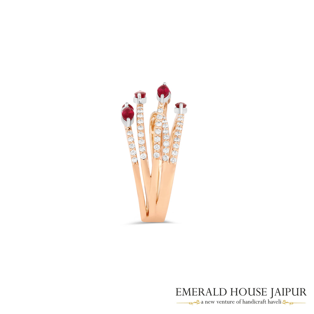 Marquise-Cut Ruby & Diamond Multi-Band Ring in 18K Yellow Gold