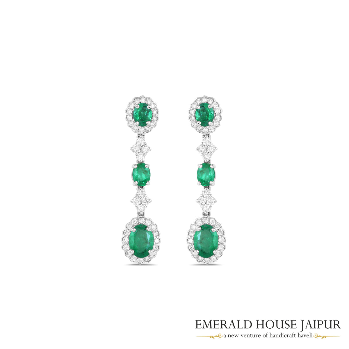 Oval Emerald and Round Diamond Earrings