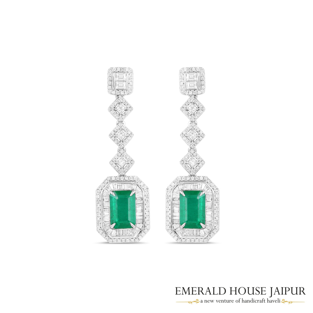 Diamond and Emerald-Cut Combination Earrings in 18K White Gold