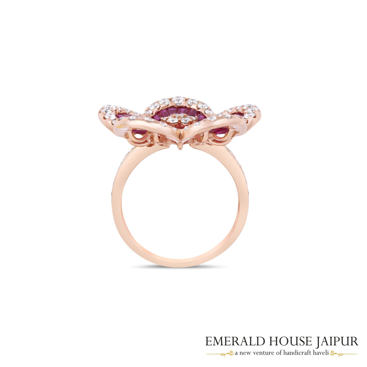 Baguette-Cut Mozambique Ruby Floral Ring in 18K Rose Gold