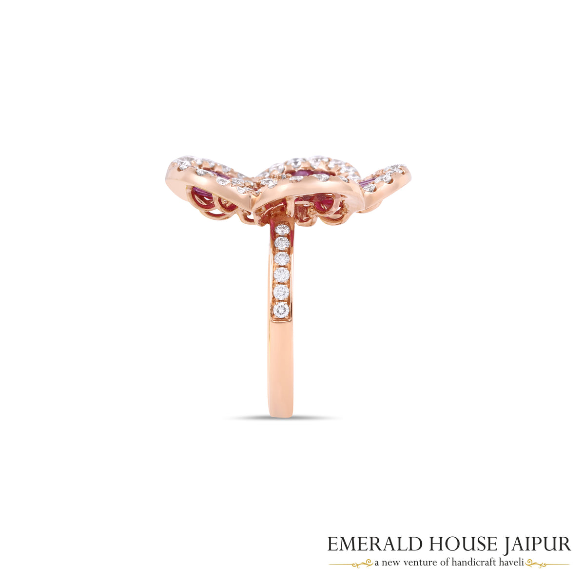 Baguette-Cut Mozambique Ruby Floral Ring in 18K Rose Gold