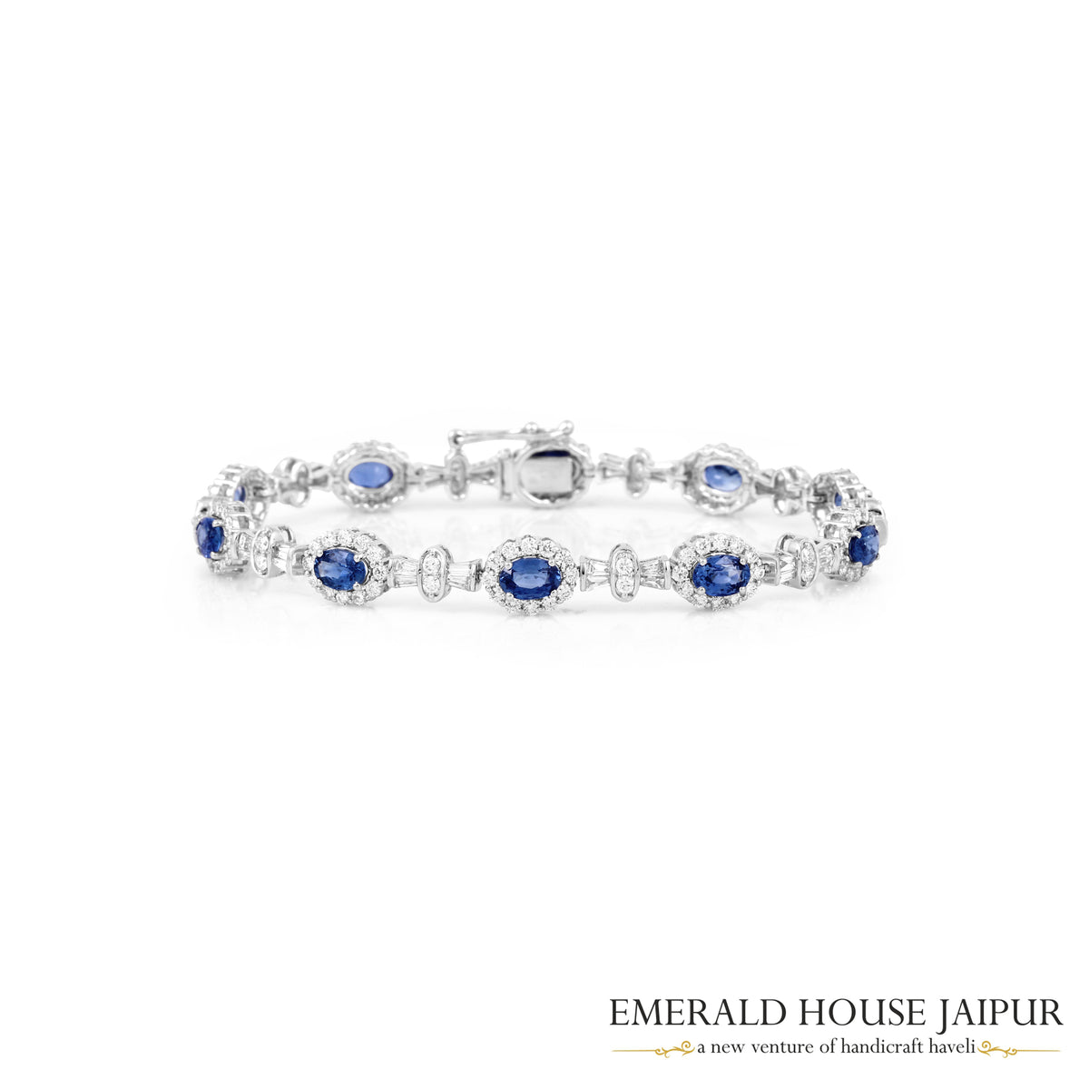 Oval Blue Sapphire with Round and Baguette Diamond Bracelet