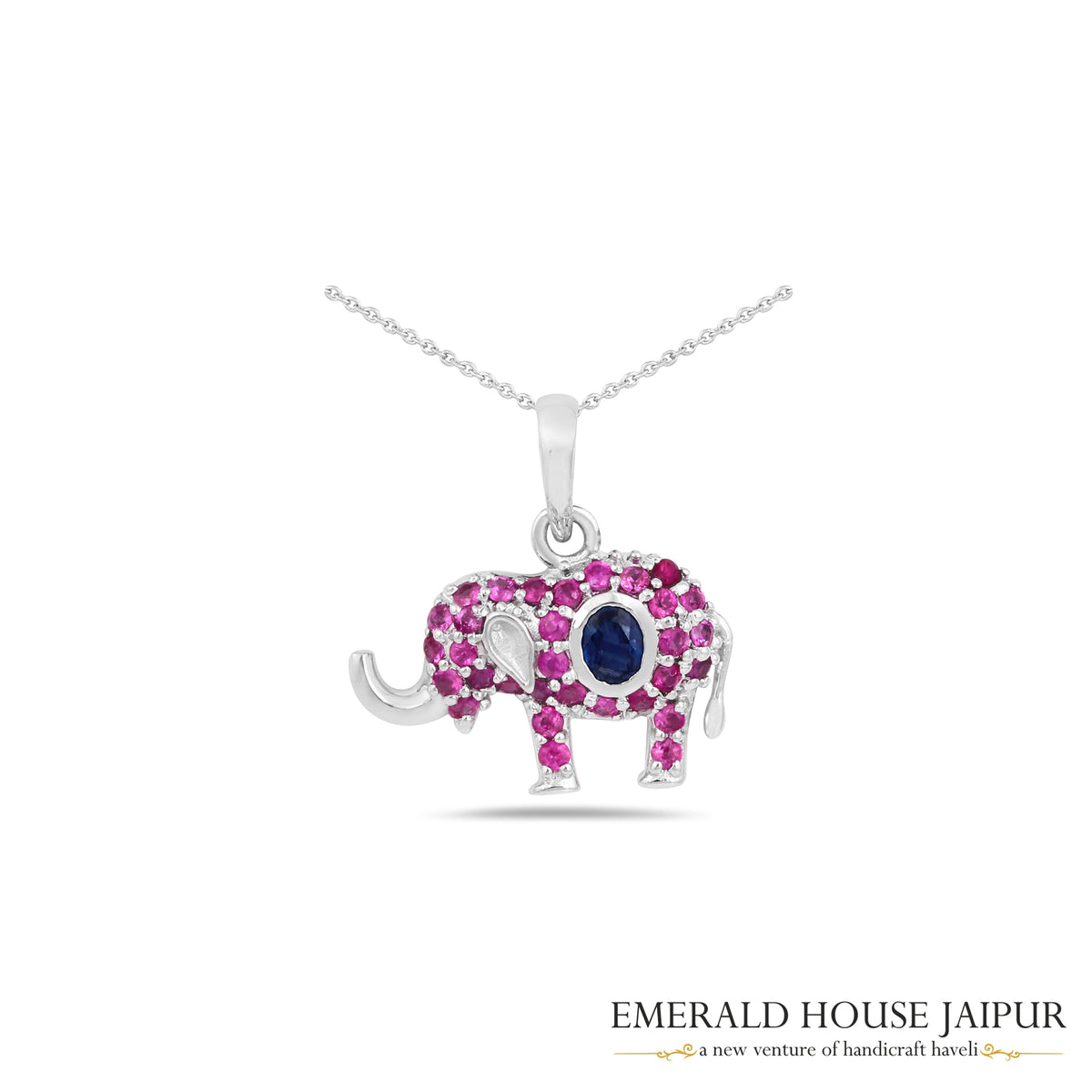 Ruby and Blue Sapphire Elephant Pendant in 18K White Gold
