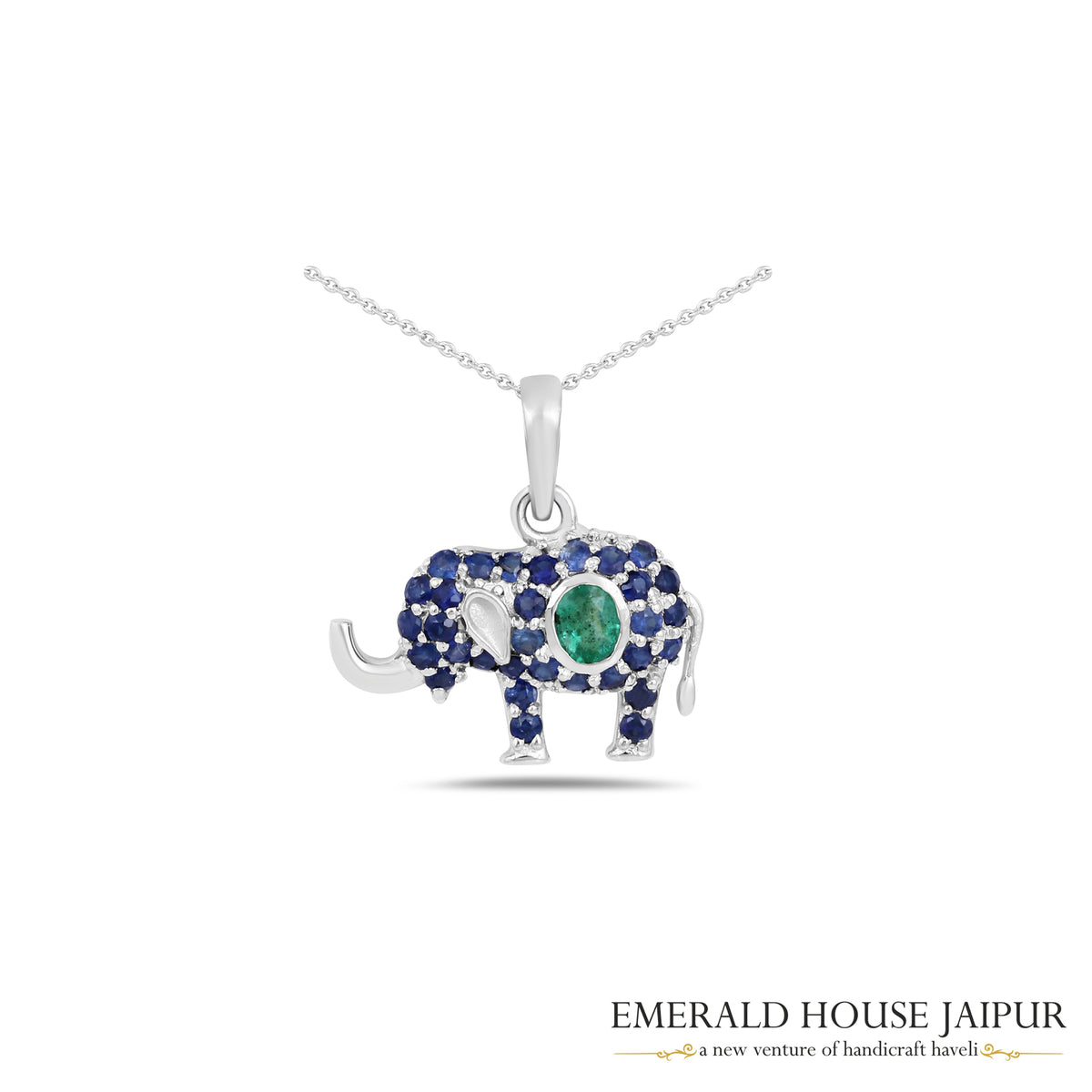 Blue Sapphire and Emerald Elephant Pendant in 18K White Gold