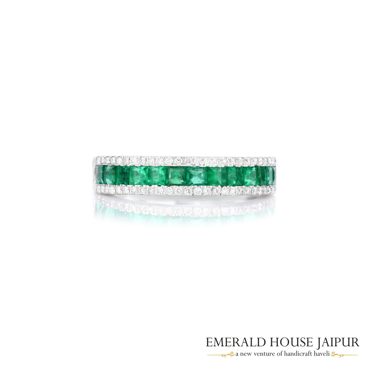 Baguette-Cut Emerald & Round Brilliant-Cut Diamond Eternity Band in 18K White Gold