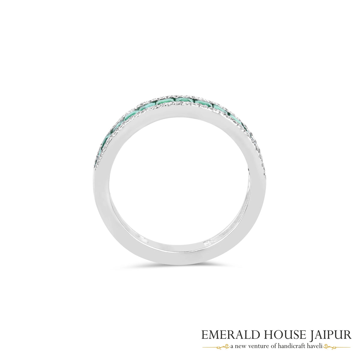 Baguette-Cut Emerald & Round Brilliant-Cut Diamond Eternity Band in 18K White Gold