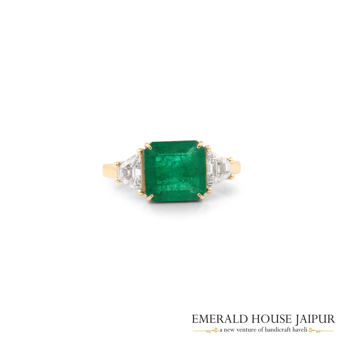 Octagonal Step-Cut Emerald & Baguette-Cut Diamond Three-Stone Ring in 18K Yellow Gold