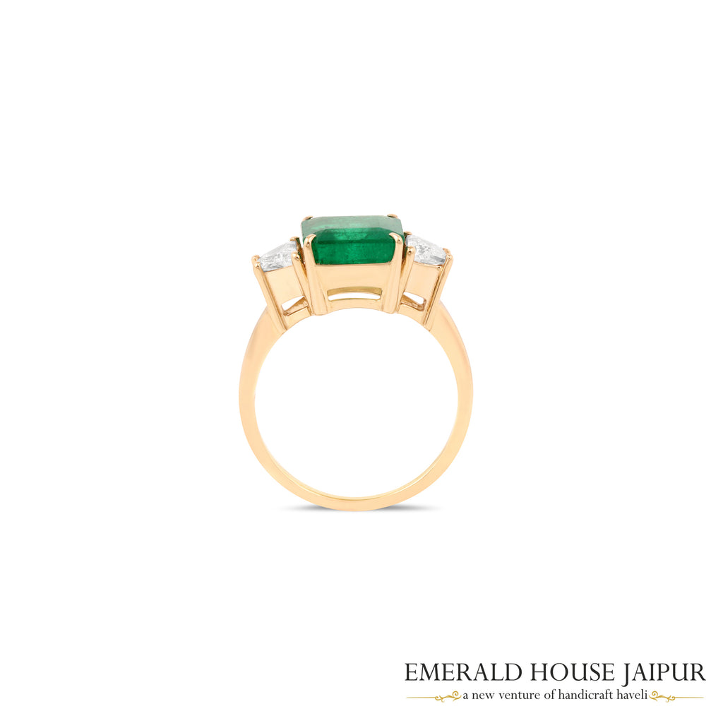 Octagonal Step-Cut Emerald & Baguette-Cut Diamond Three-Stone Ring in 18K Yellow Gold