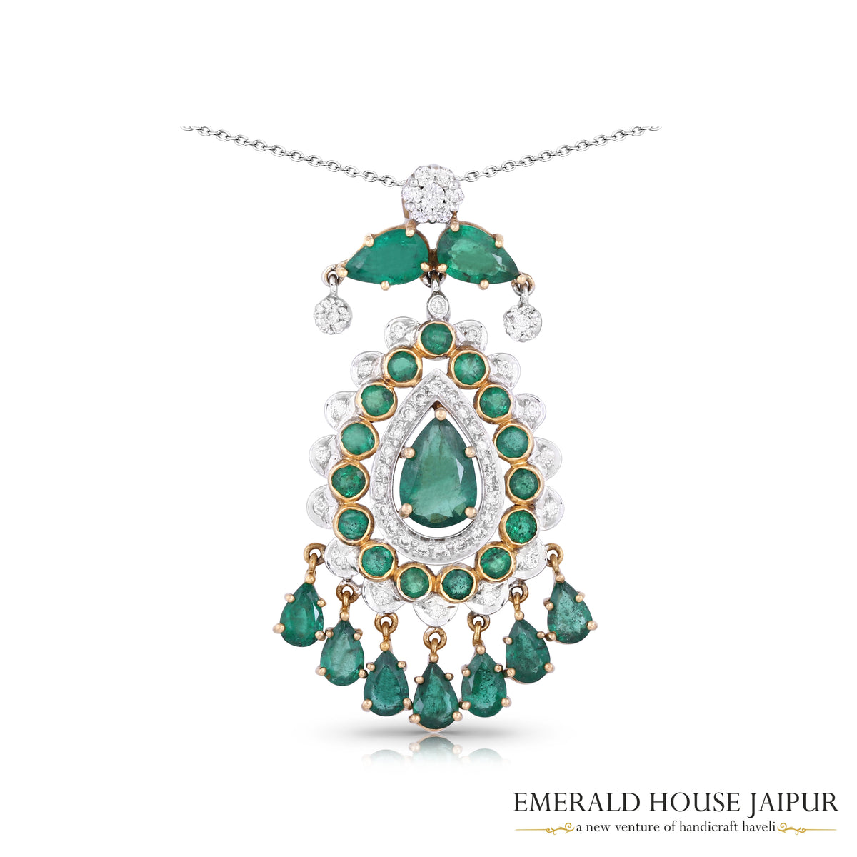 Emerald and Diamond Chandelier Pendant in 18K White Gold