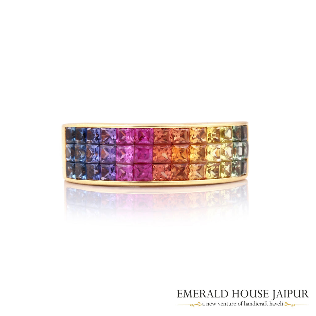 Thai Princess Multi Sapphires Ring In 18K Yellow Gold