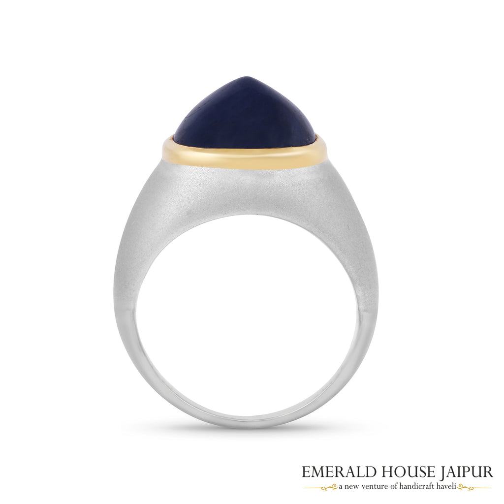 Sugarloaf Blue Sapphire Ring In 18K Matte White Gold
