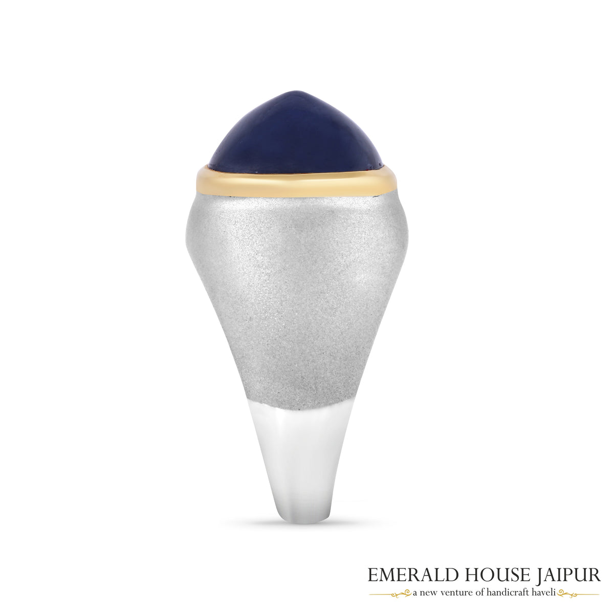 Sugarloaf Blue Sapphire Ring In 18K Matte White Gold