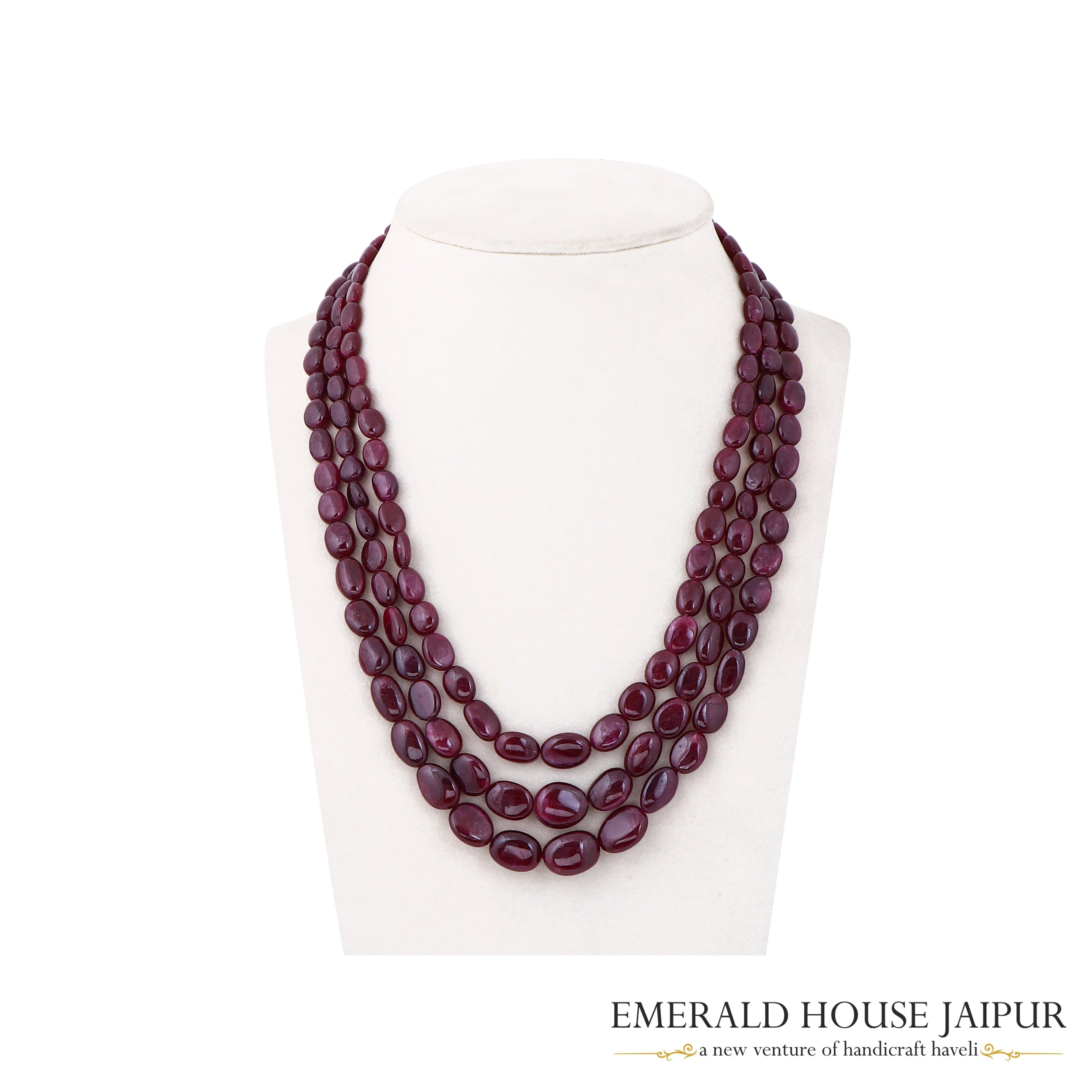 Mozambique Ruby  3 Beads Necklace Tumble - Emerald House Jaipur