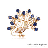 Peacock Feather Sapphire & Diamonds Brooch - Emerald House Jaipur