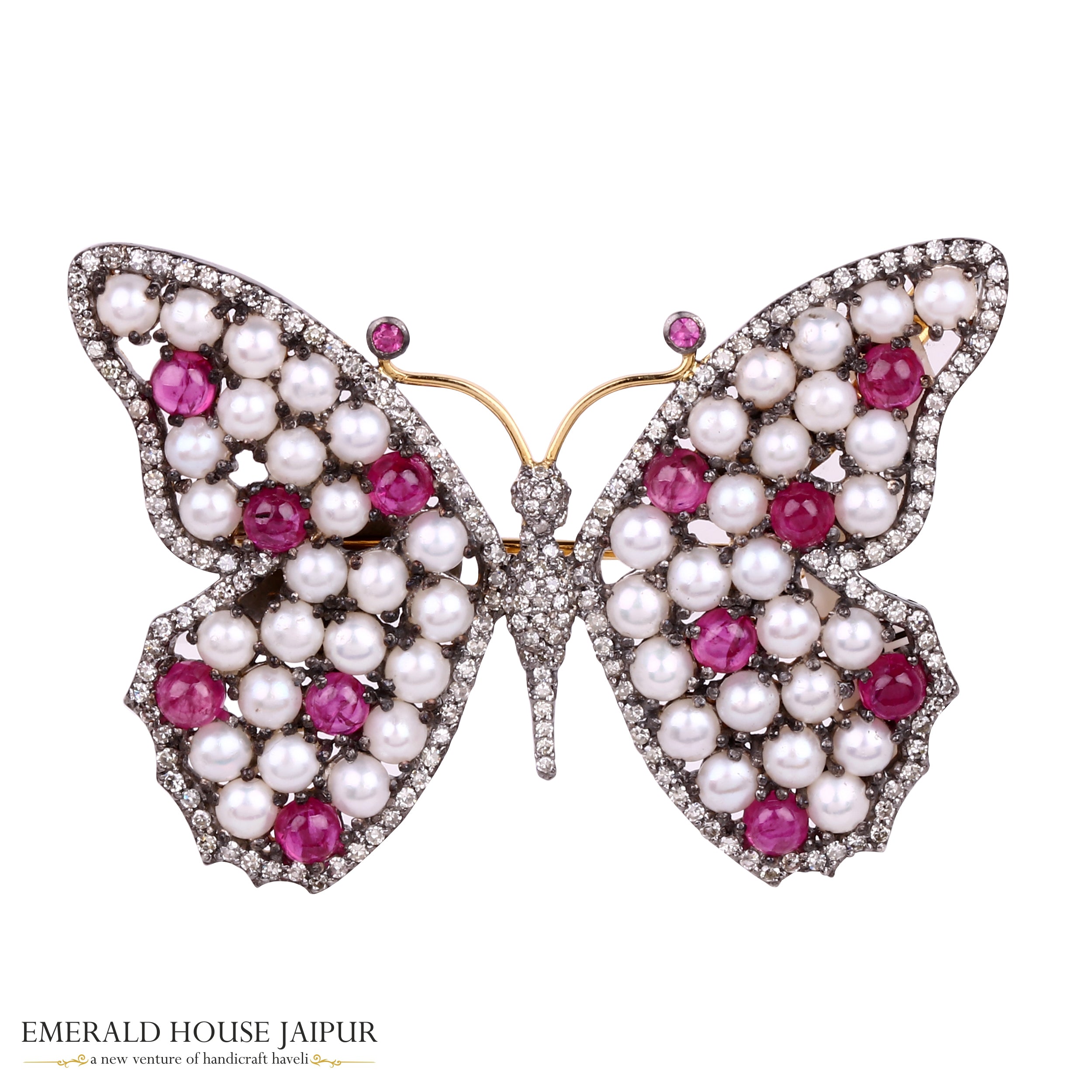 Pearls & Ruby Balls with Diamonds Brooch - Emerald House Jaipur