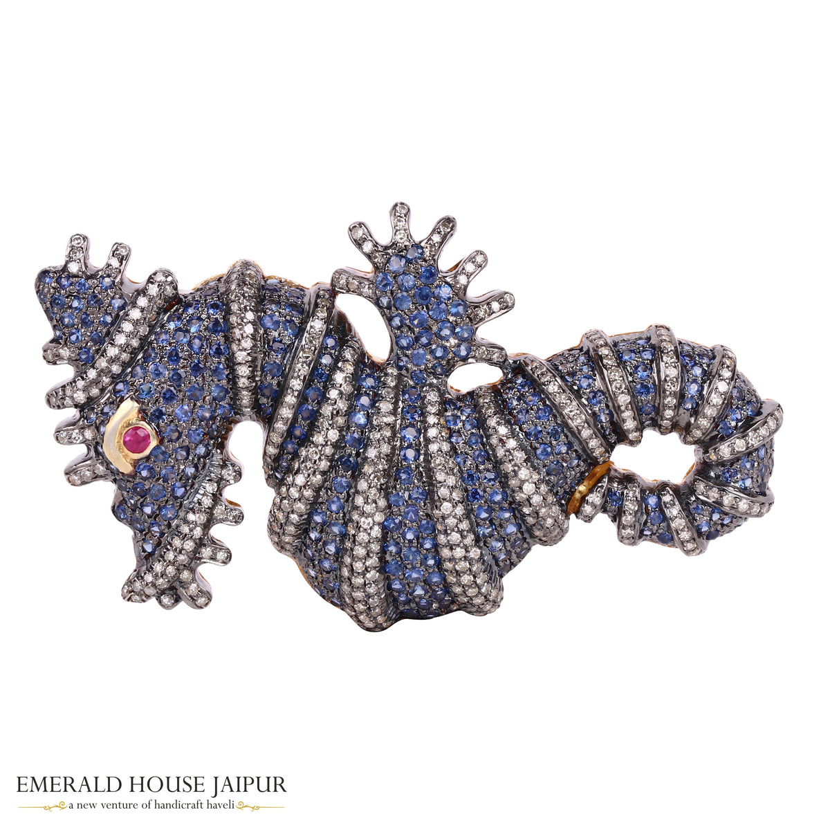 Seahorse Sapphire with Ruby & Diamonds Brooch - Emerald House Jaipur