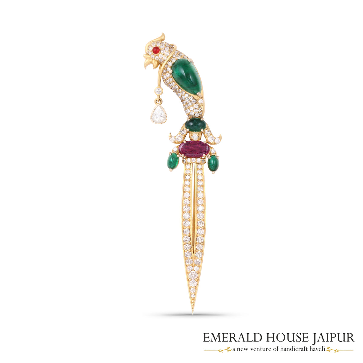 Tropical Vibe Emerald & Ruby with Diamonds Brooch - Emerald House Jaipur