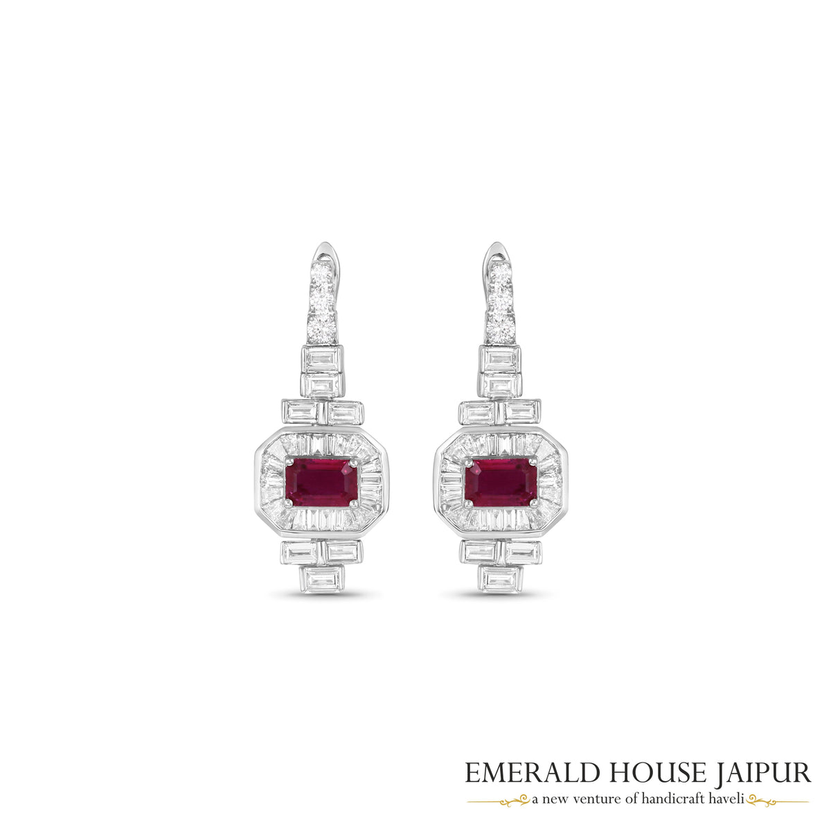 Emerald-Cut Ruby & Baguette-Cut Diamond Geometric Drop Earrings in 18K White Gold